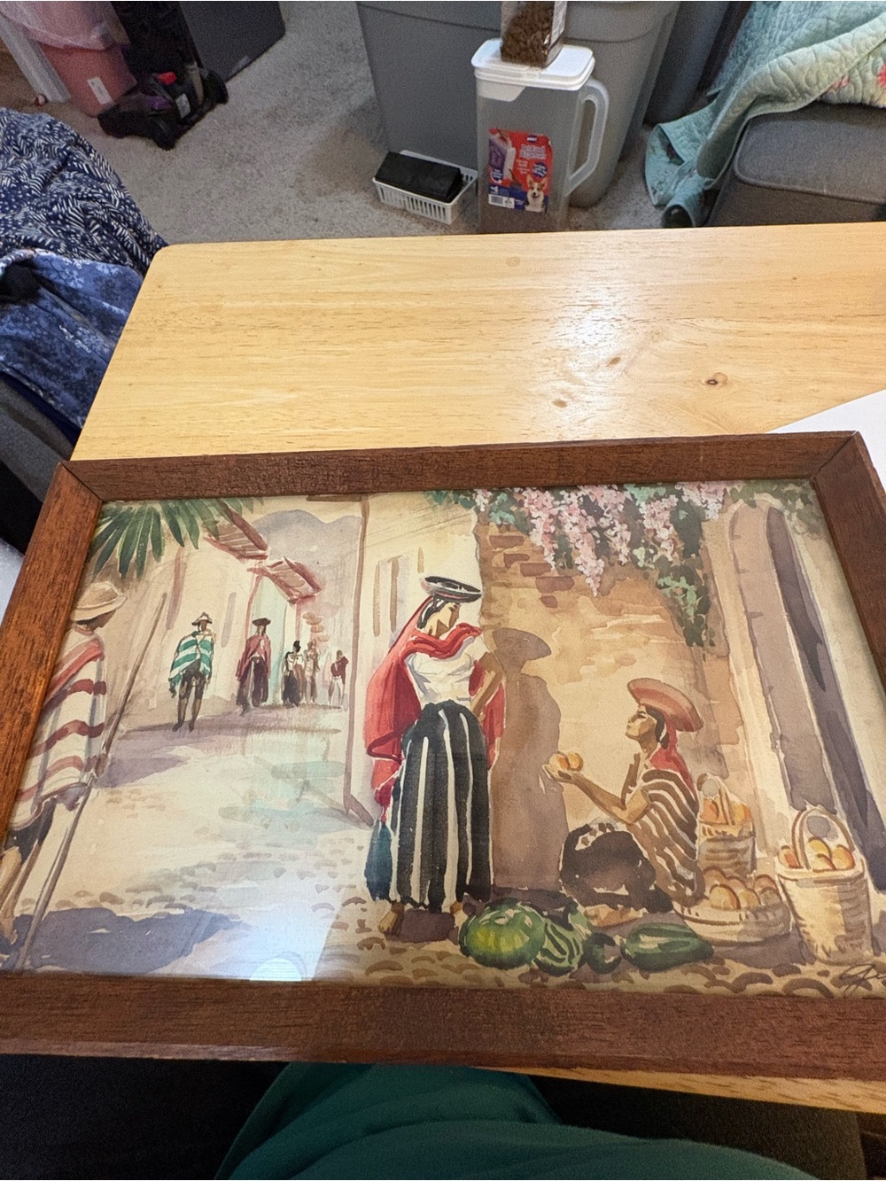 VTG Mexican street scene framed watercolor painting